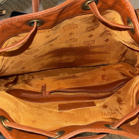 EUC MCM Visetos Cognac Nappa Leather Monog Drawstring Bucket Bag - Picture 4 of 4